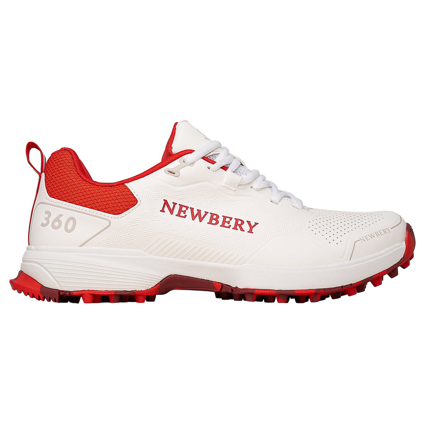 Newbery 360 Cricket-Schuh - Weiß & Rot Noppen