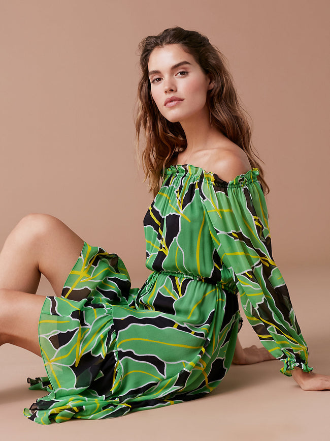 Diane Von Furstenberg DVF Camila Silk Chiffon Palm Print Dress