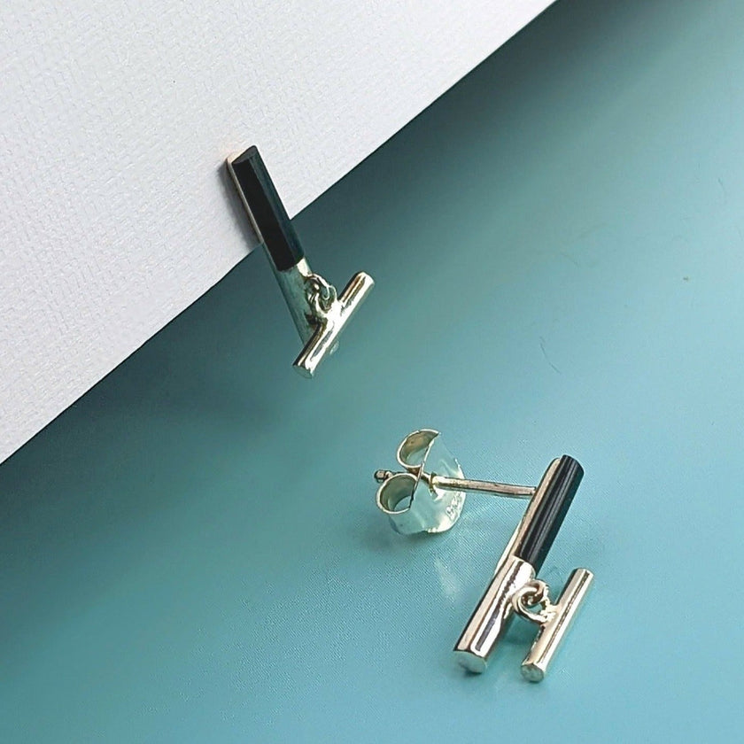 Minimalist Movement Onyx T-Bar Silver Stud Earrings