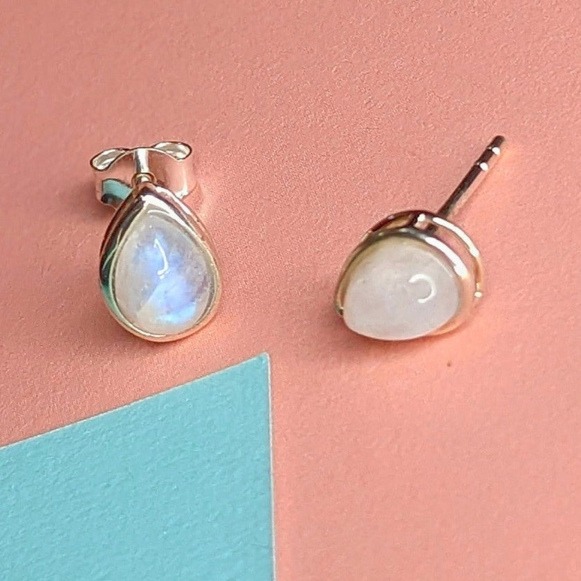 Rainbow Moonstone Droplet Sterling Silver Stud Earrings