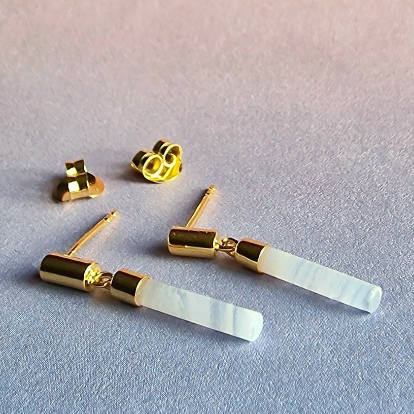 Blue Lace Agate Drop Bar Gold Stud Earrings