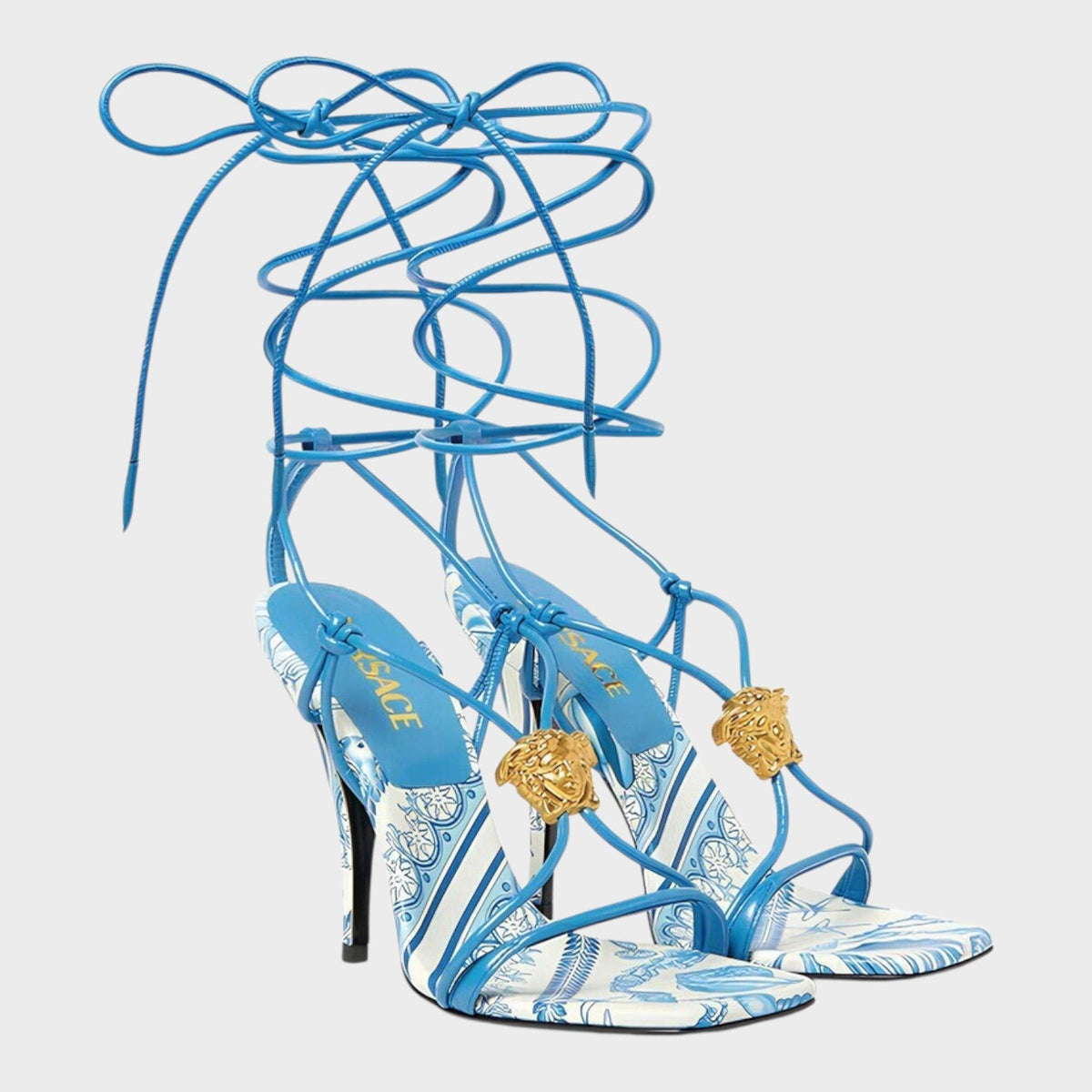 Medusa Barocco Square Toe Heeled Sandals Blue White
