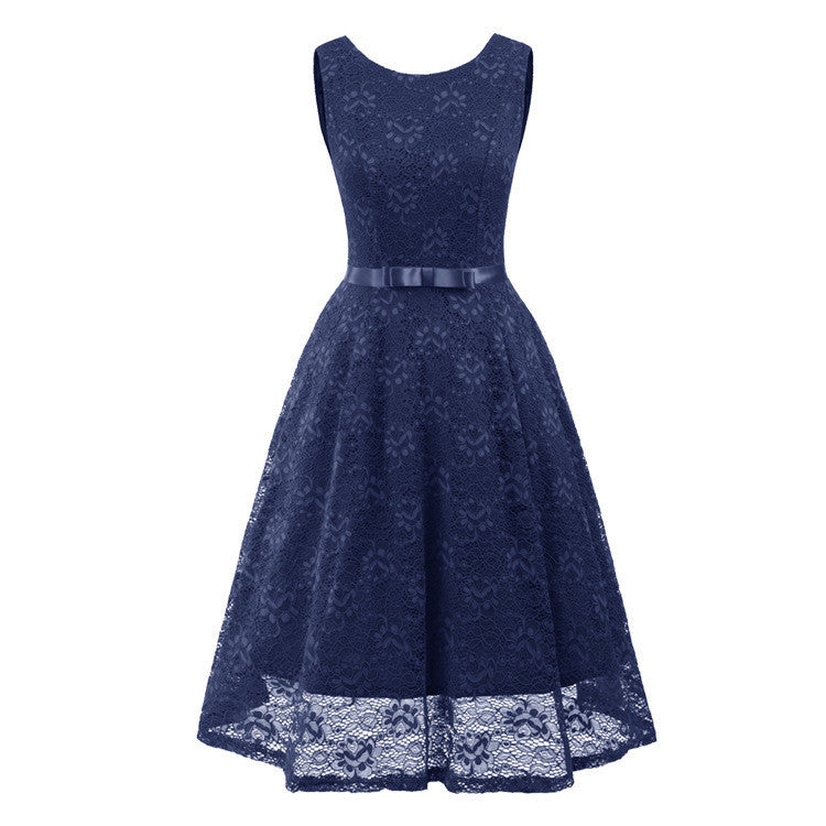 Women’s Sleeveless Lace Dress – Round Neck, Long Elegant Bridesmaid & Evening Gown