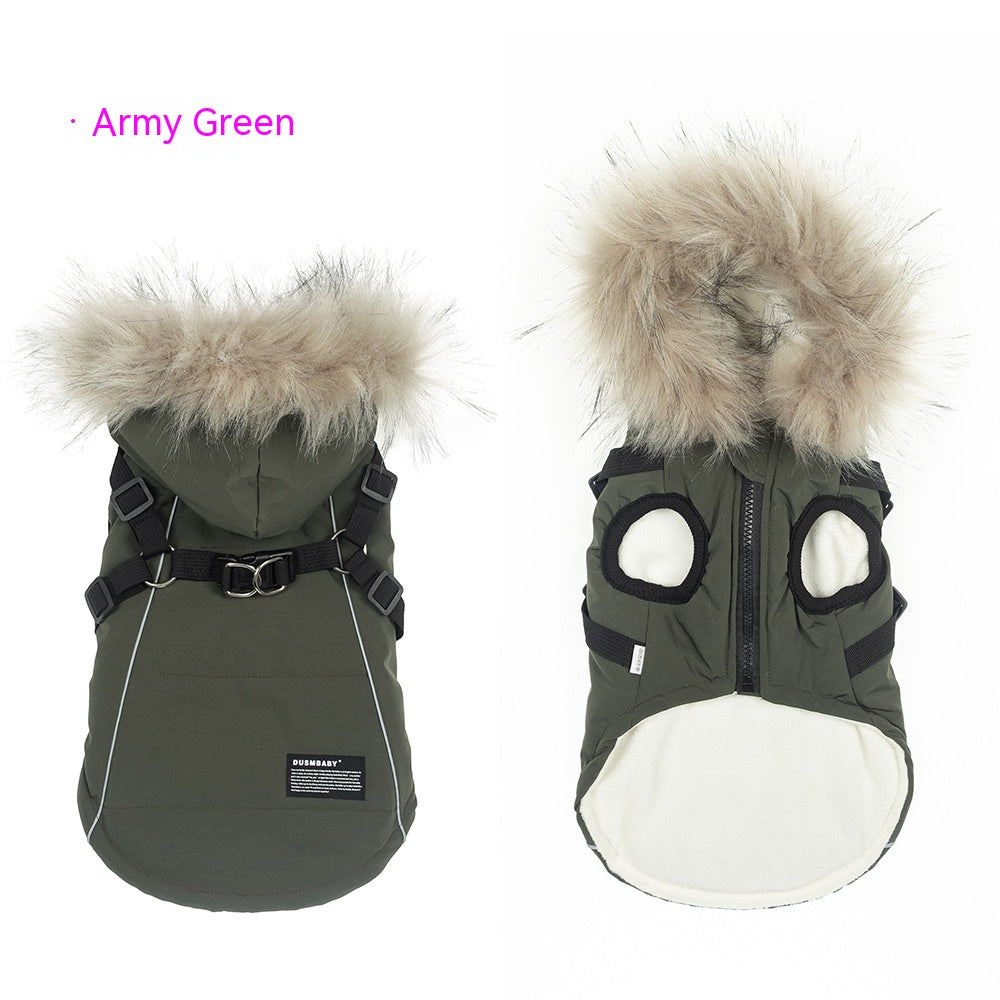 Pet Autumn And Winter Fleece-lined Thickened Dog Clothes Raincoat Strap Traction