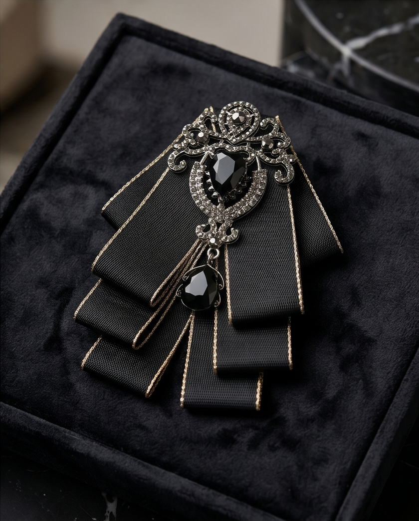Bold Black Ribbon Bow Tie with Statement Gemstone Brooch
