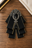 Bold Black Ribbon Bow Tie with Statement Gemstone Brooch