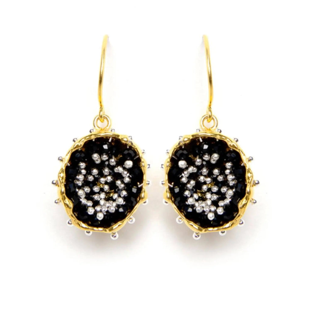 Dance of Stamens Medium Earring, Gold Plated Hollow Bezel with Black Spinel