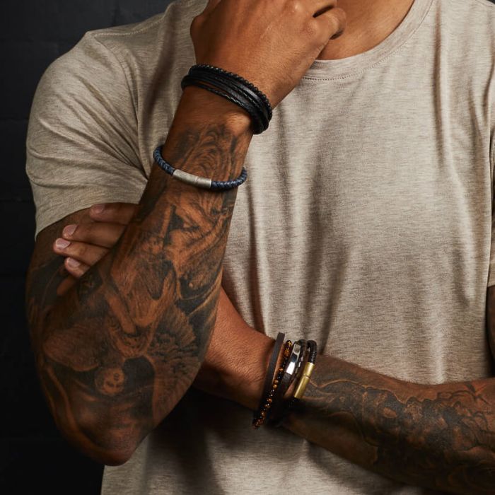Fred Bennett Plaited Black Leather and Black IP Sections Bracelet