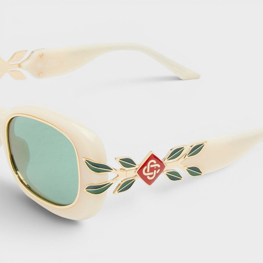 Acetate Metal Oval Sunglasses Laurel Detail Cream Gold Laurel Green
