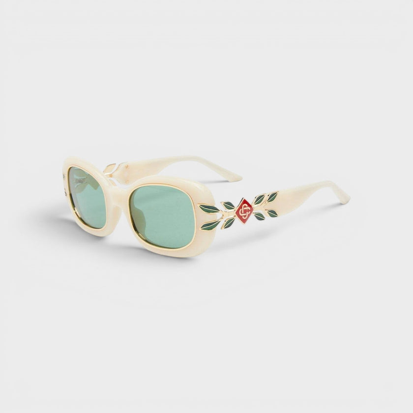 Acetate Metal Oval Sunglasses Laurel Detail Cream Gold Laurel Green