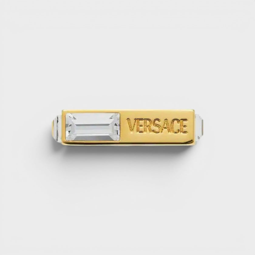 Logo Engraved Crystal Embellished Ring Gold