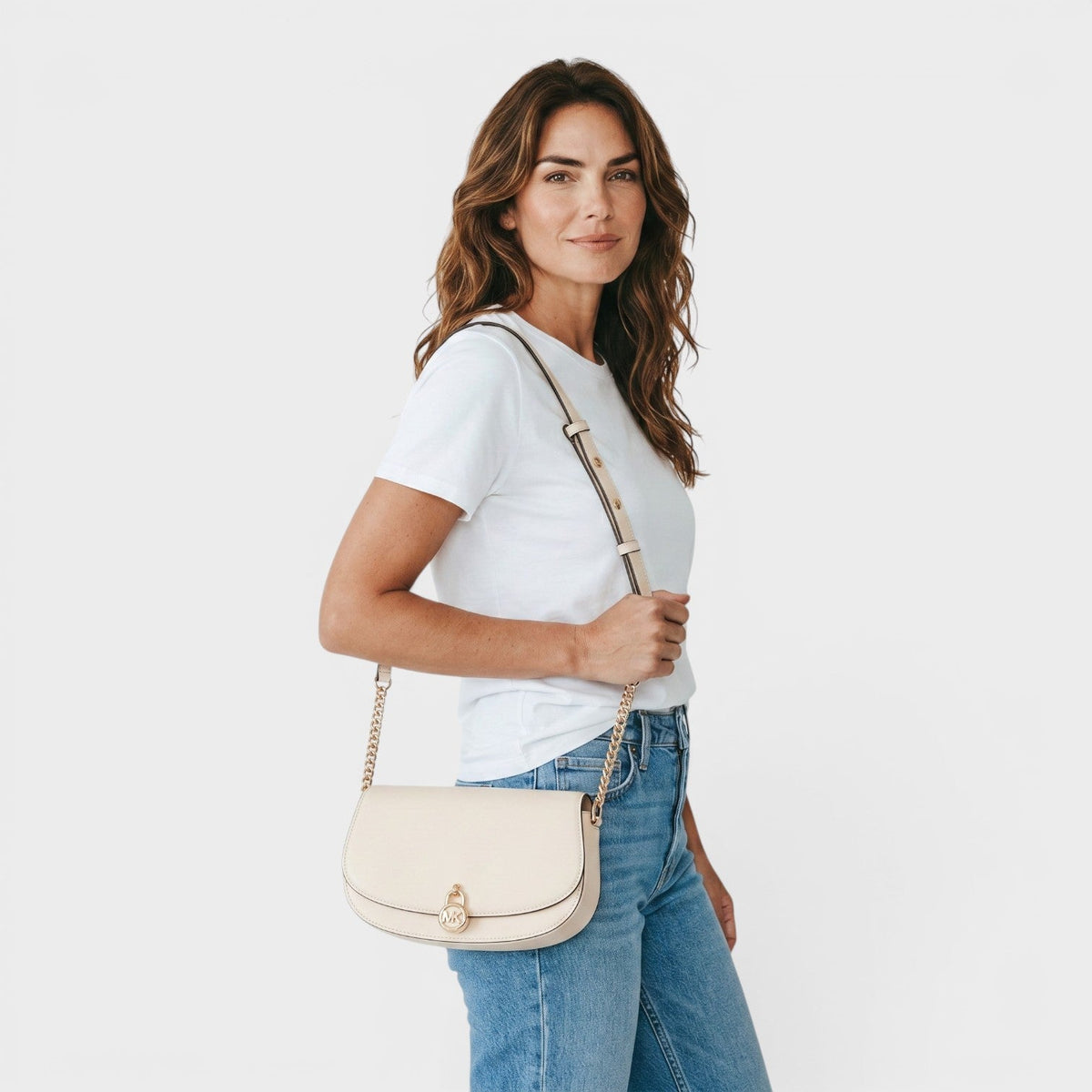 Mila Medium Leather Messenger Bag Cream