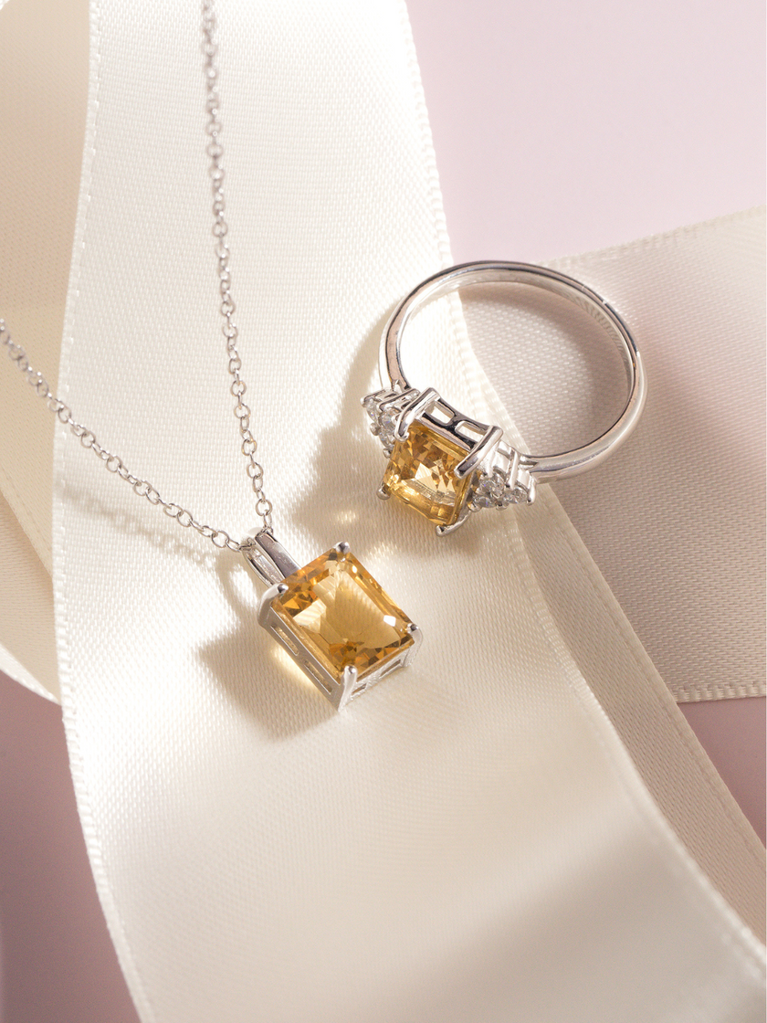 Citrine Emerald Cut Pendant Necklace in Sterling Silver