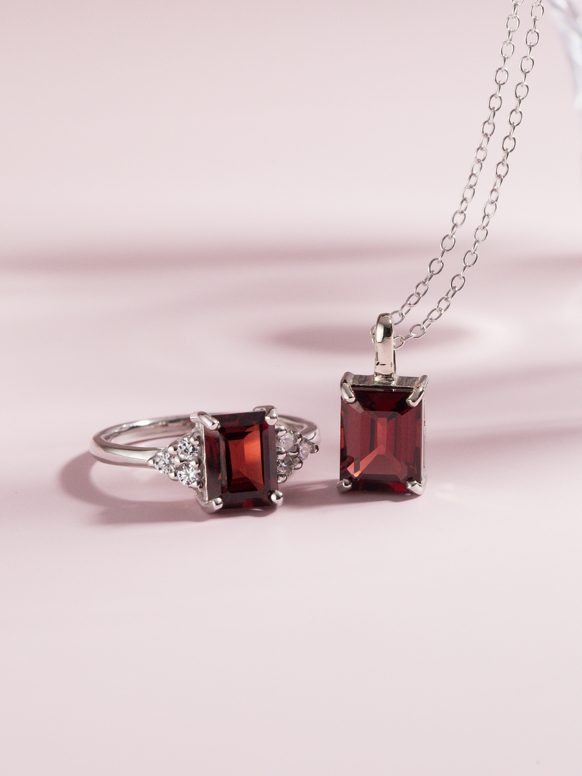 Garnet Emerald Cut Pendant Necklace in Sterling Silver