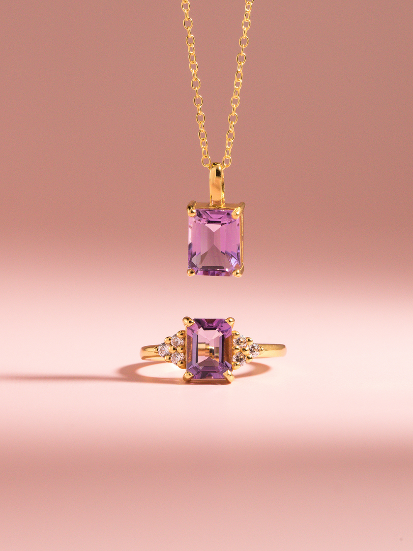 Lavender Amethyst Emerald Cut Ring in 18k Gold Vermeil
