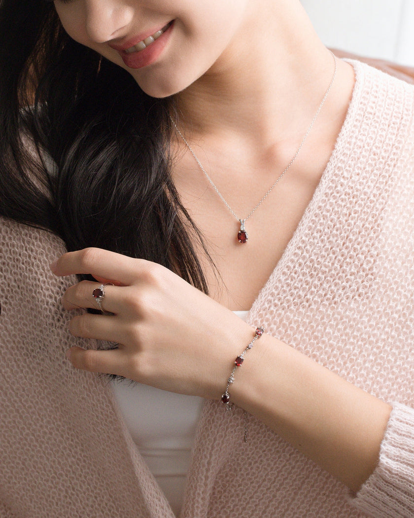 Garnet Necklace and Earrings Set in Sterling Silver