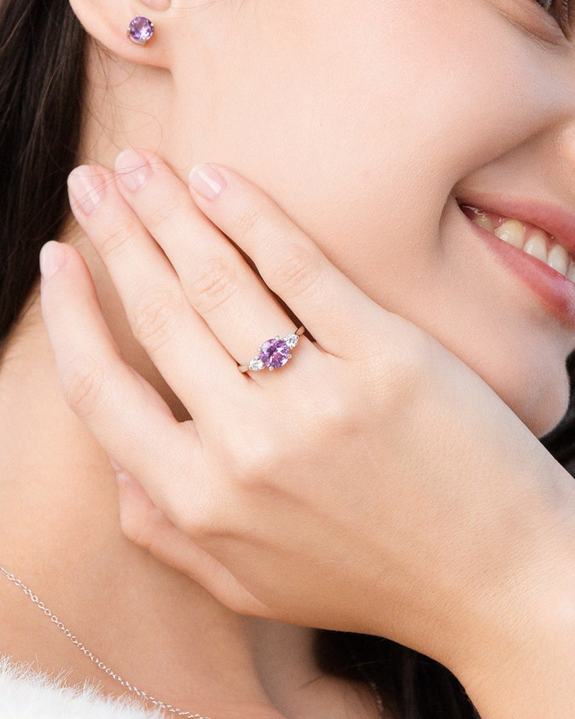 Lavender Amethyst Three Stone Ring in Sterling Silver