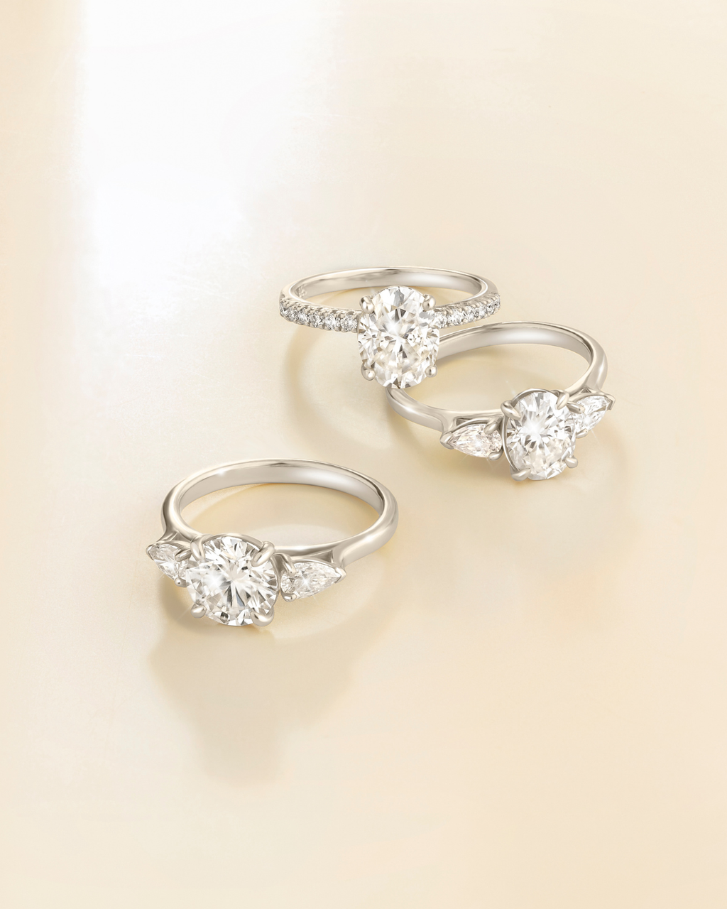 2 ct Oval Moissanite Three Stone Engagement Ring in Sterling Silver