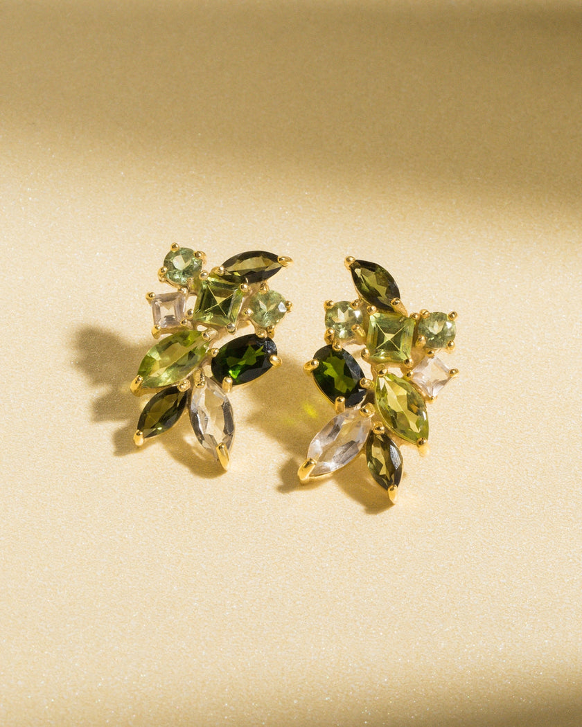 Large Green Gemstone Cluster Earrings in 18k Gold Vermeil