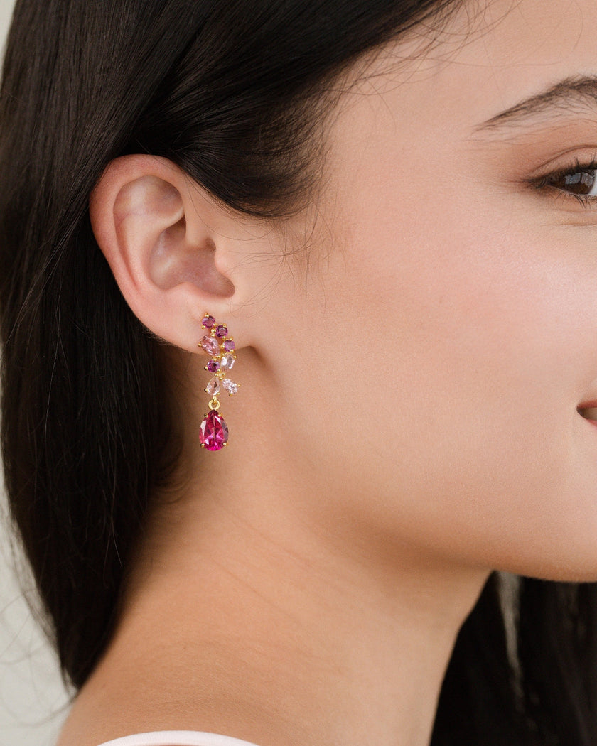 Pendientes colgantes de piedras preciosas rosas en vermeil de oro de 18k