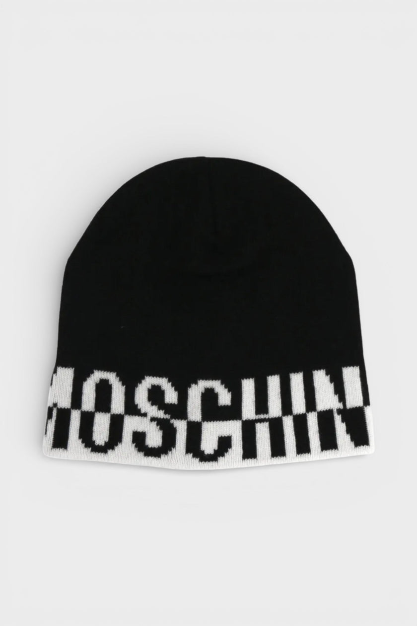 Moschino Logo Beanie Black White