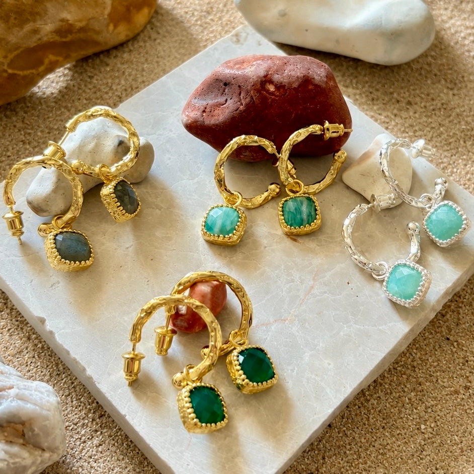 Tetra Square Gemstone Charm Hoops Silver Amazonite