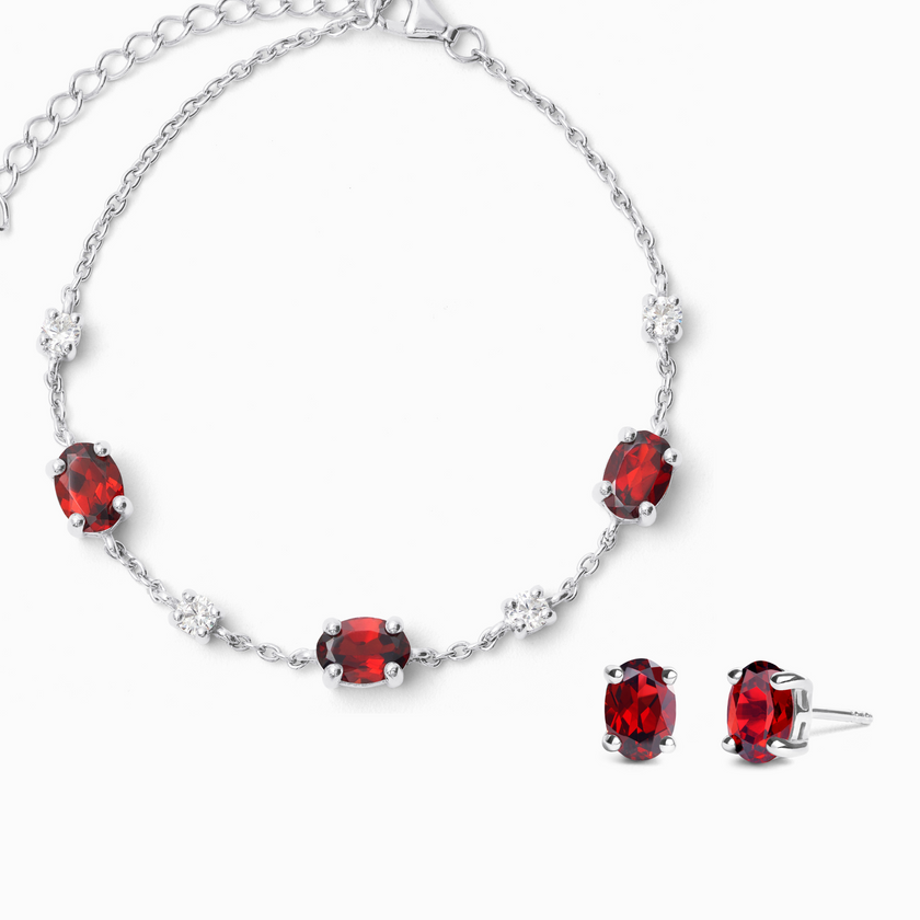 Garnet Bracelet and Earrings Set in Sterling Silver