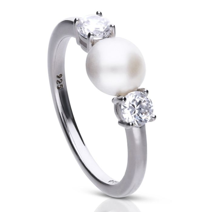 Diamonfire Shell Pearl and Zirconia Trilogy Ring