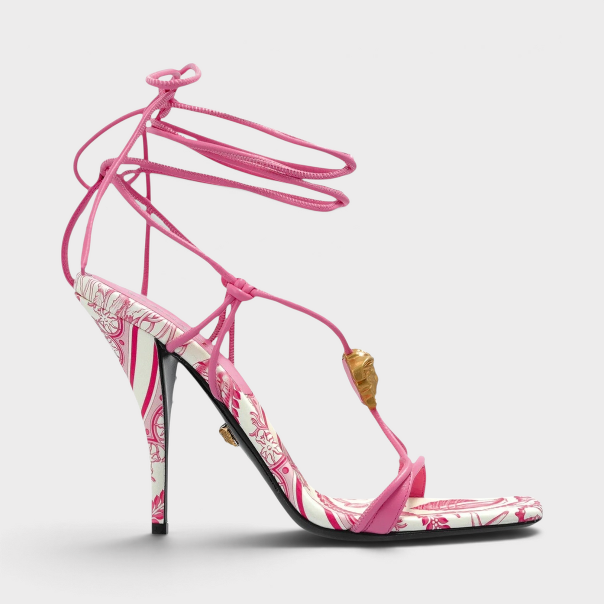 Medusa Barocco Square Toe Heeled Sandals Pink White