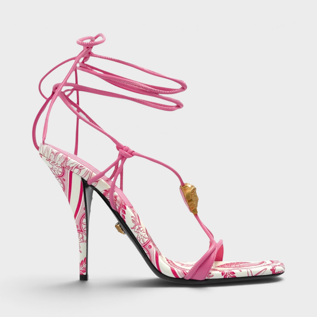 Medusa Barocco Square Toe Heeled Sandals Pink White