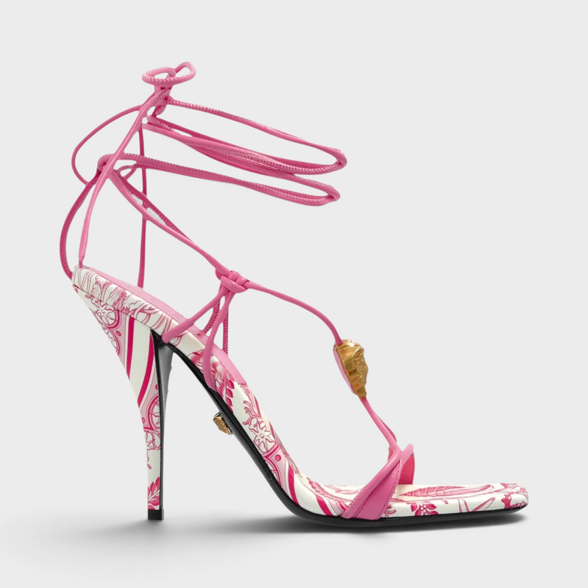 Medusa Barocco Square Toe Heeled Sandals Pink White