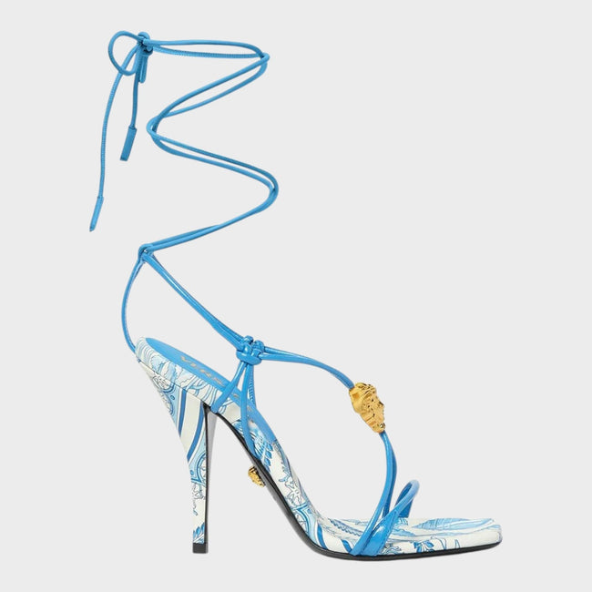 Medusa Barocco Square Toe Heeled Sandals Blue White