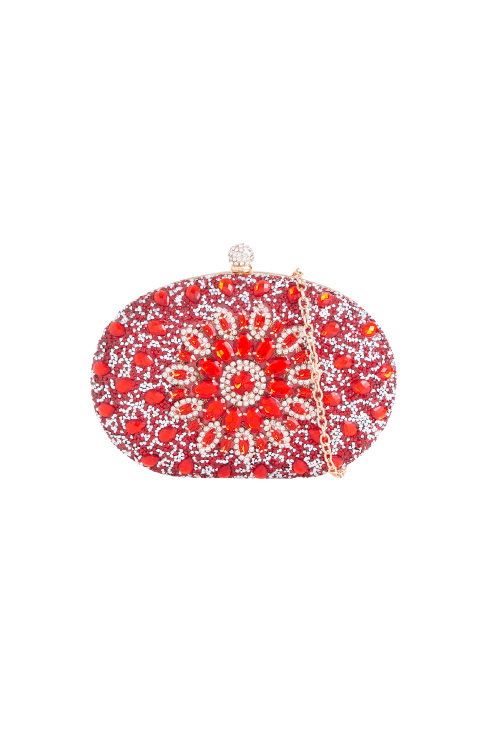 Rød pyntet clutch-taske med gulddetaljer