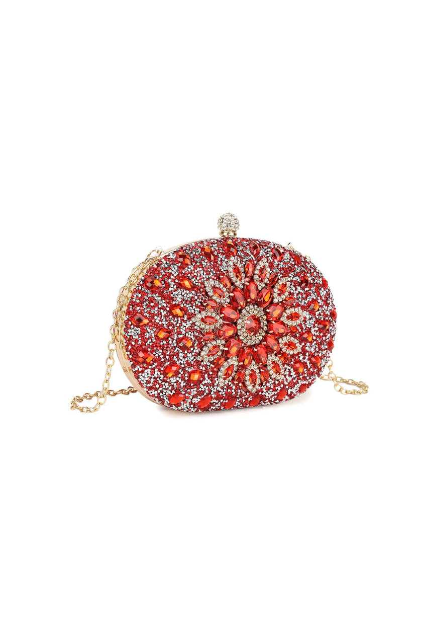 Rød pyntet clutch-taske med gulddetaljer