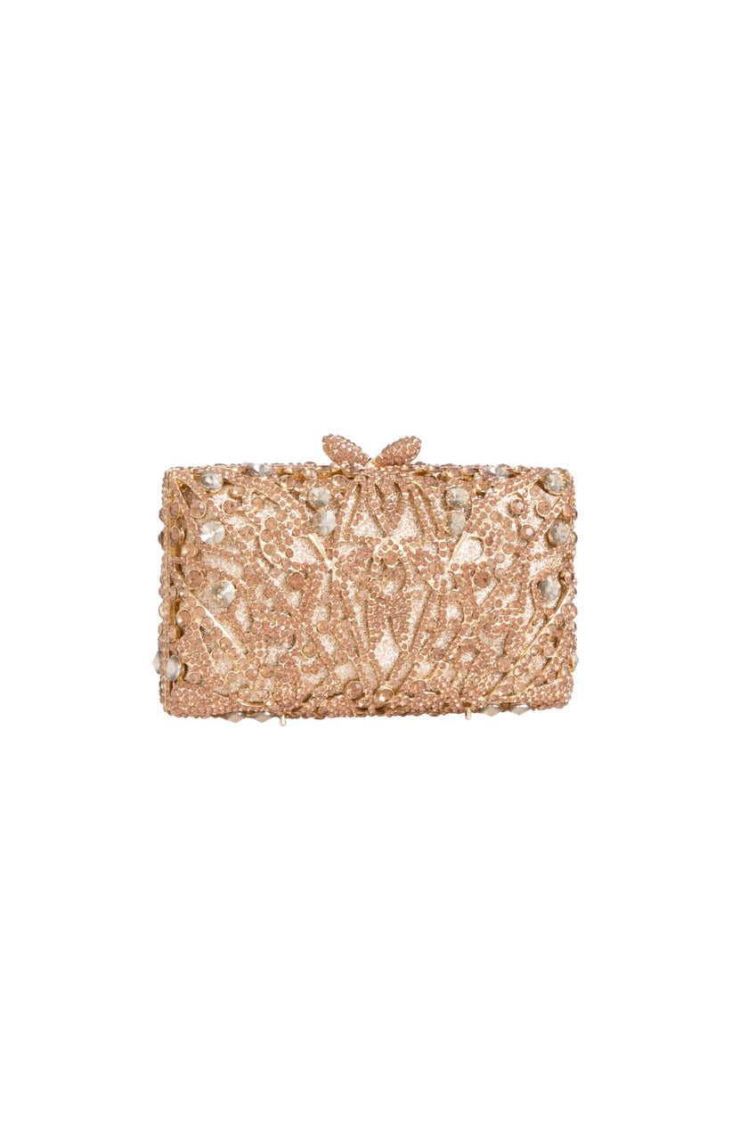 Bolso de mano dorado con adornos de cristal