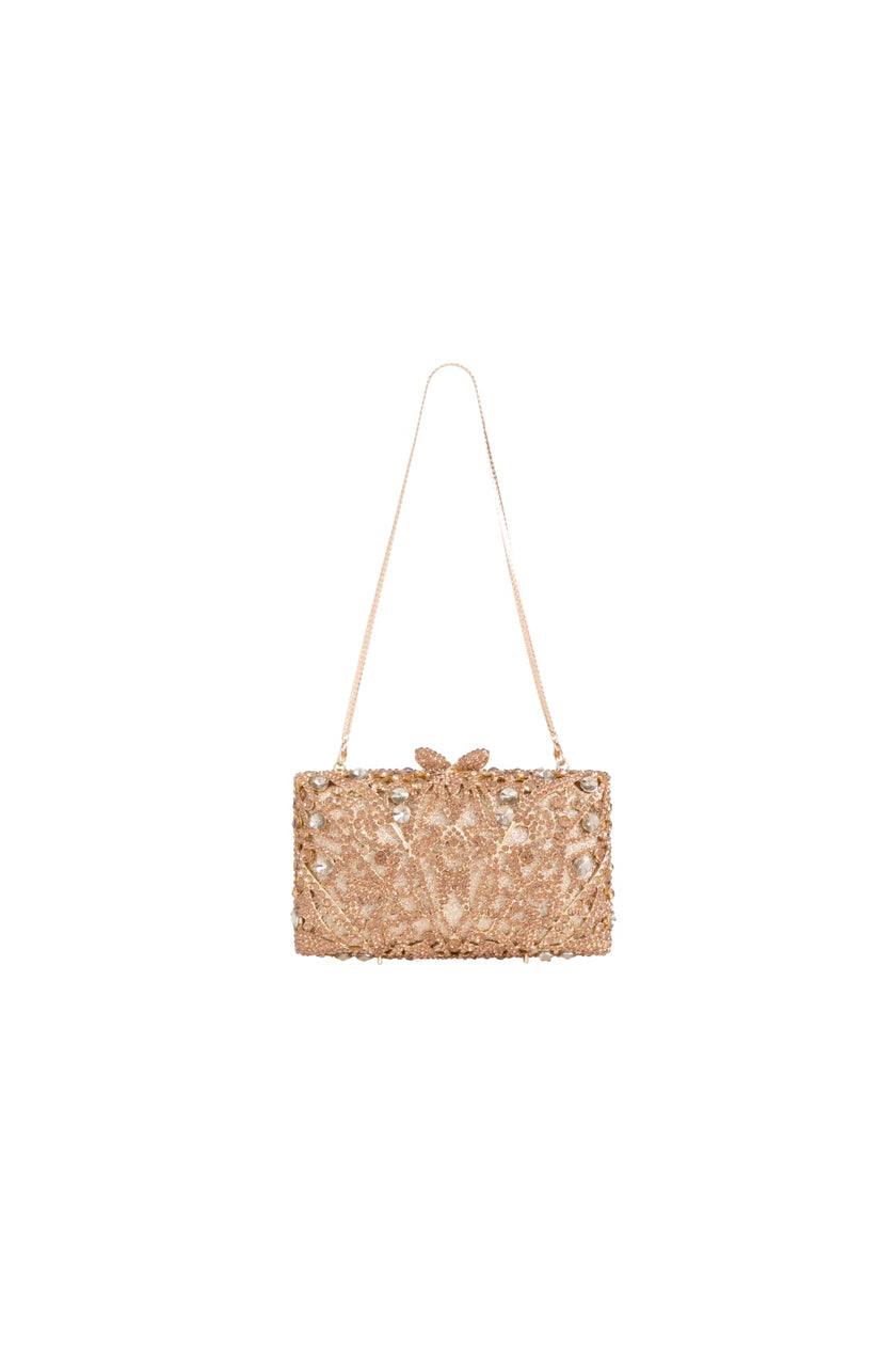 Bolso de mano dorado con adornos de cristal