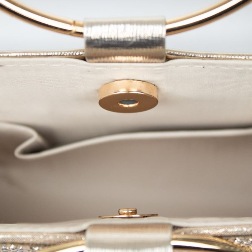 Borsetta clutch dorata con strass e manici superiori