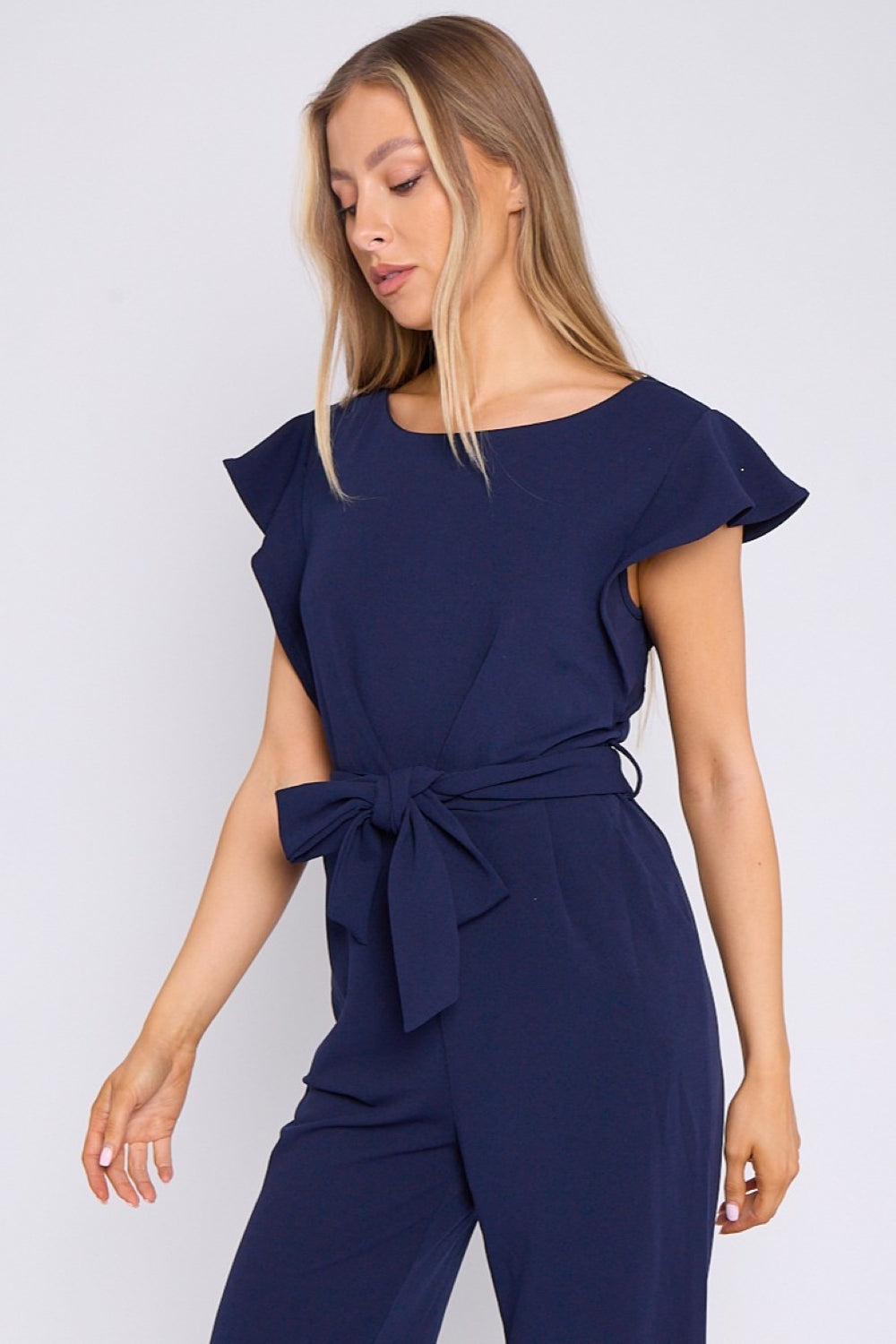Navy Wide Leg Belted Jumpsuit with Flutter Sleeves