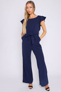 Navy Wide Leg Belted Jumpsuit with Flutter Sleeves