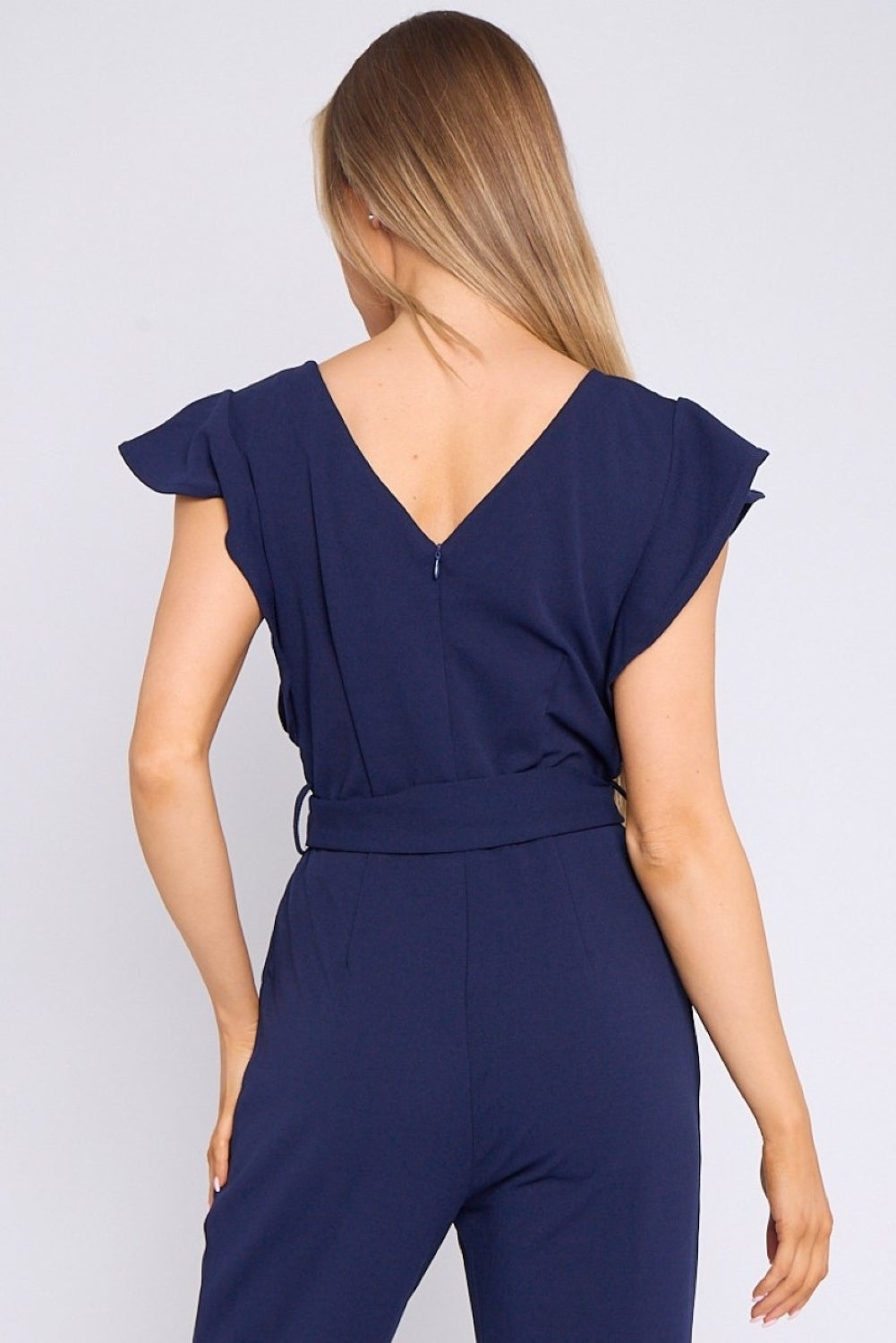 Navy Wide Leg Belted Jumpsuit with Flutter Sleeves