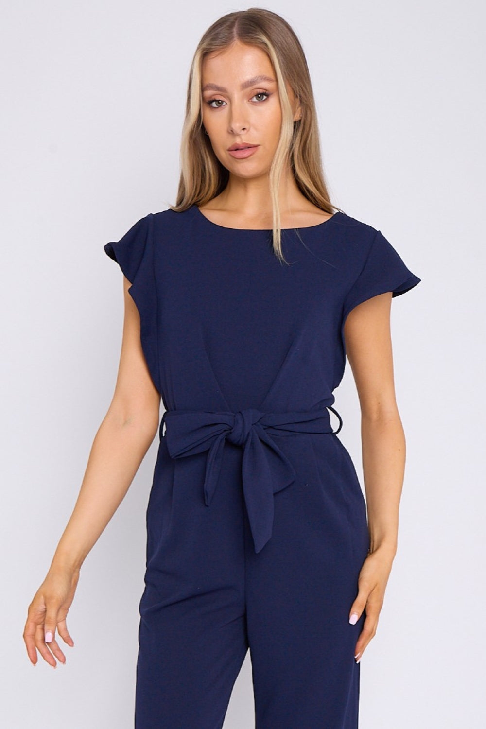 Navy Wide Leg Belted Jumpsuit with Flutter Sleeves