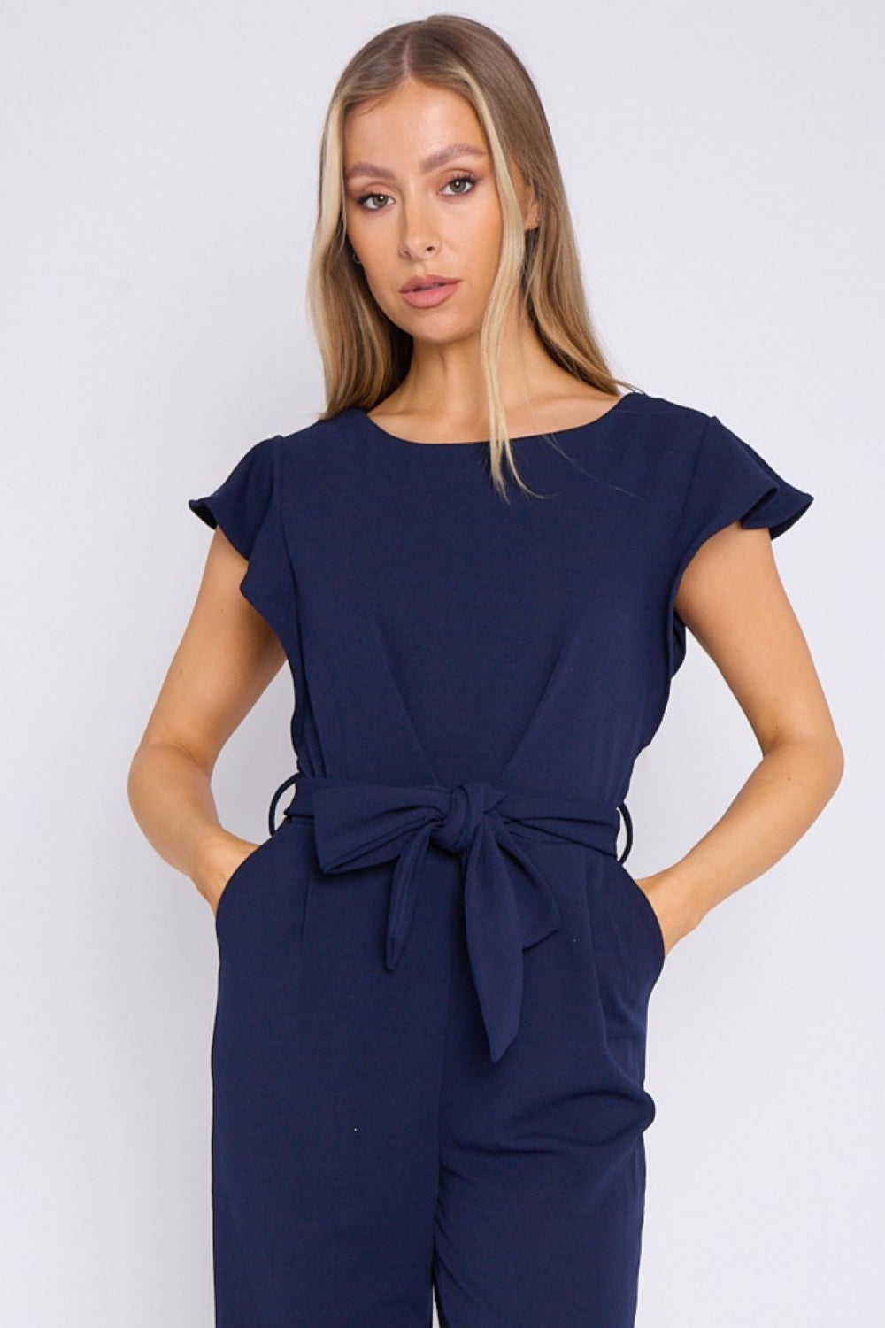 Navy Wide Leg Belted Jumpsuit with Flutter Sleeves