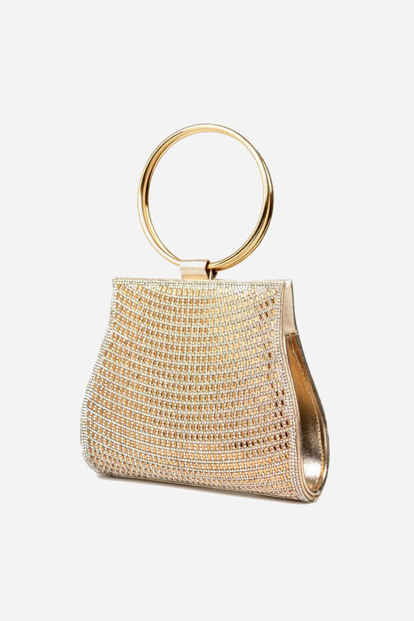 Borsetta clutch dorata con strass e manici superiori