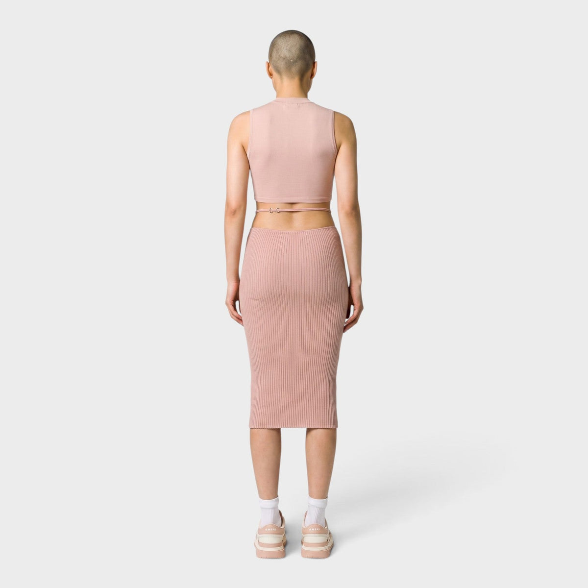 Ribbed Staggered Midi Skirt Pink
