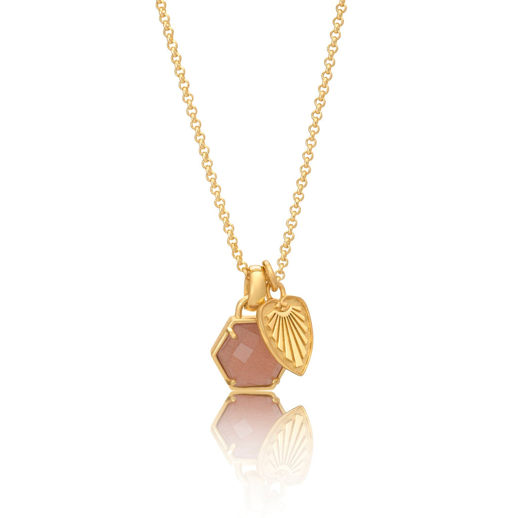Thea Hexagon Gemstone and Palm Leaf Charm Necklace Peach Moonstone
