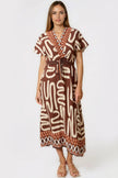 Braunes Wickel-Midikleid mit abstraktem Print