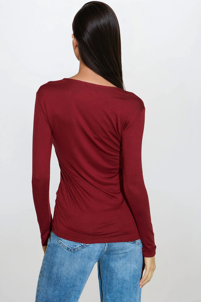 Wine V Neck Long Sleeve Top