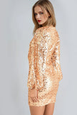 Robe moulante à sequins or rose, col en V et manches longues