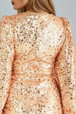 Robe moulante à sequins or rose, col en V et manches longues
