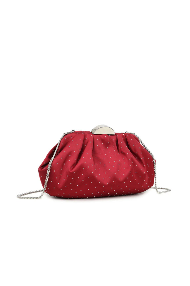 Cherry Red Embellished Satin Ruched Clutch Bag